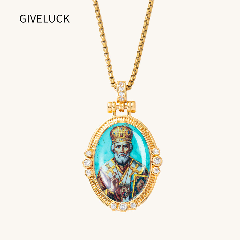 Hand-Painted Theotokos of Kazan Icon Necklace, Tiger's Eye, 18K Gold Plated, Orthodox Christian Jewelry