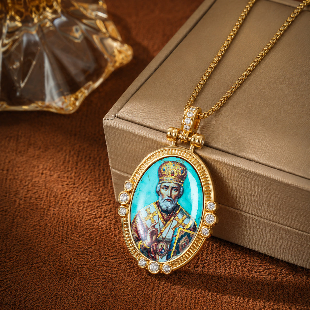 Hand-Painted Theotokos of Kazan Icon Necklace, Tiger's Eye, 18K Gold Plated, Orthodox Christian Jewelry
