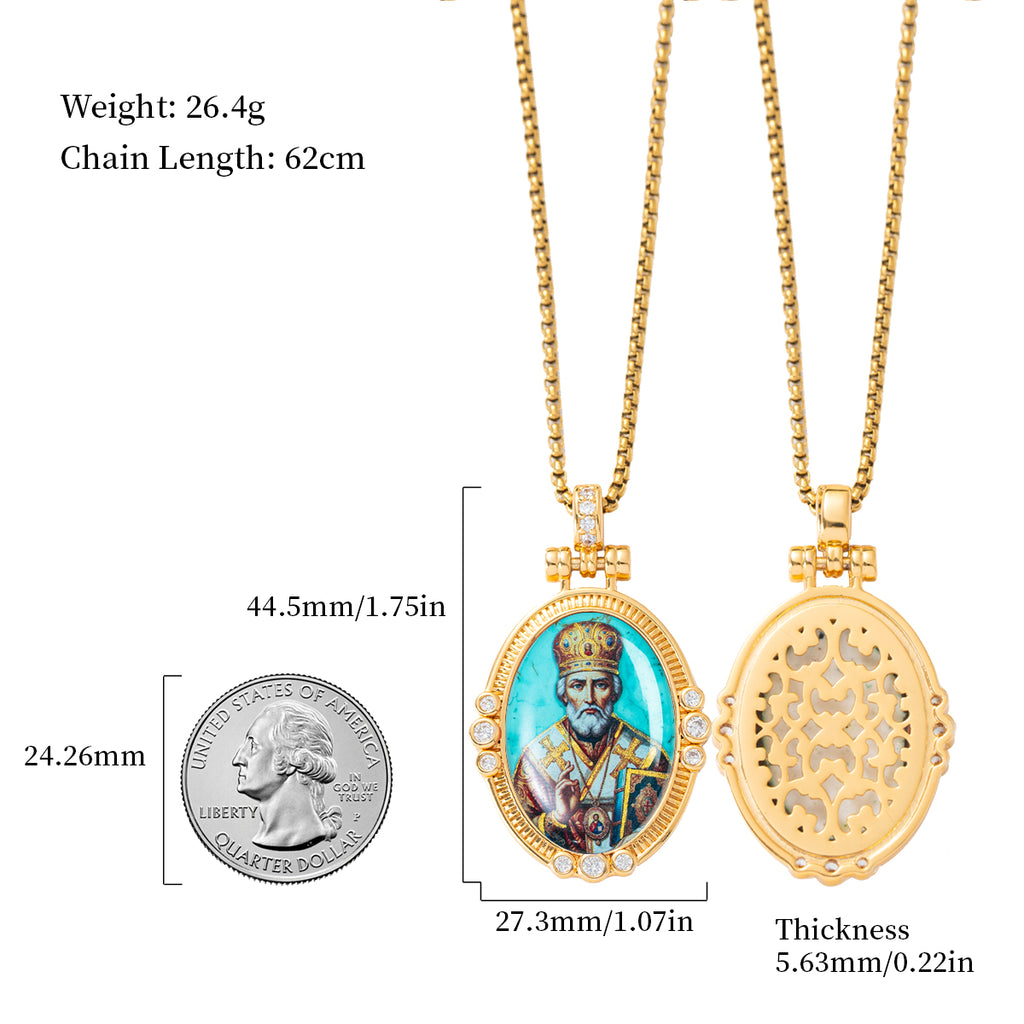 Hand-Painted Theotokos of Kazan Icon Necklace, Tiger's Eye, 18K Gold Plated, Orthodox Christian Jewelry