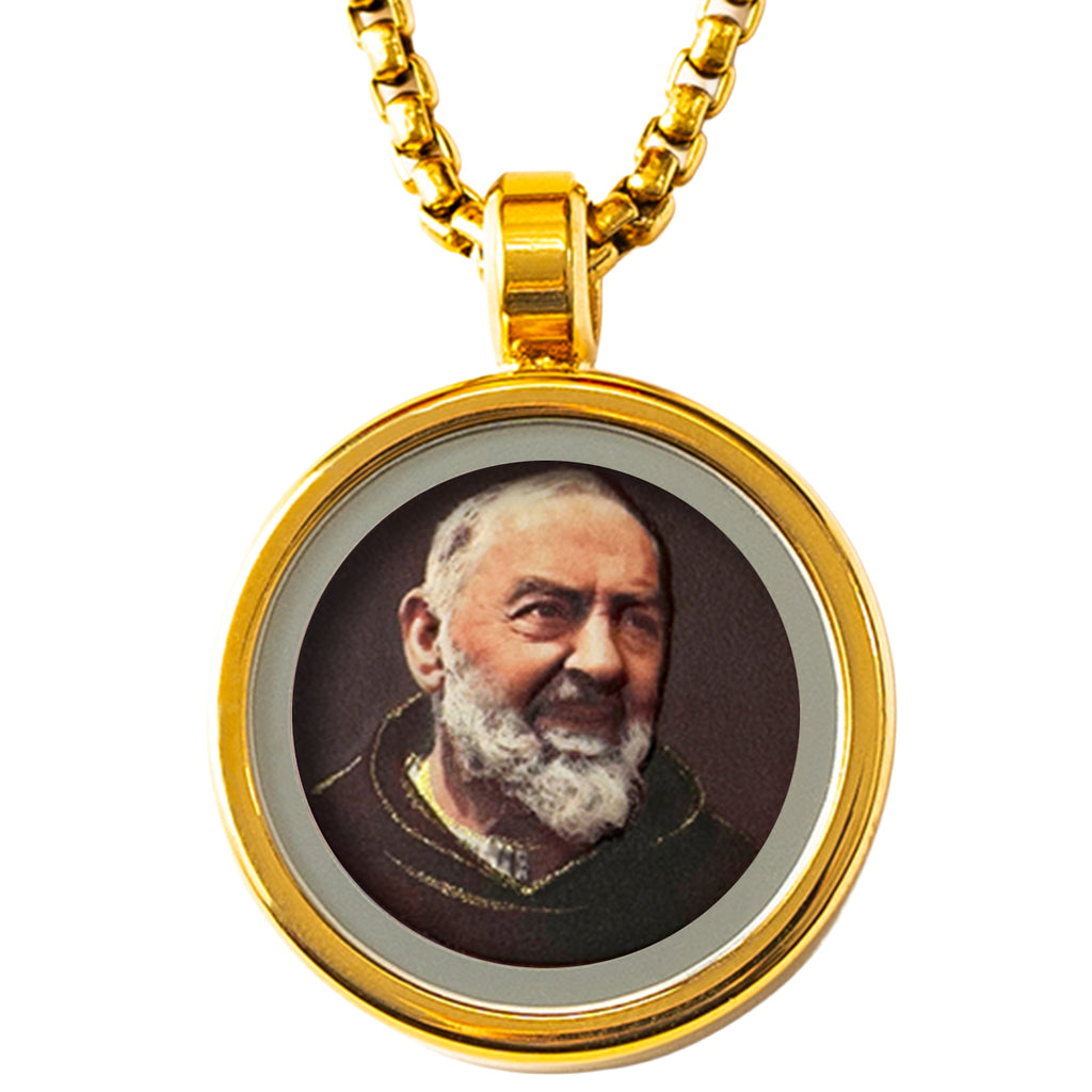 18k Plated Gold Pendant Necklace Cameo Embossing Catholic Medal Saint Padre Pio Devotional Protection Medal for Men and Women