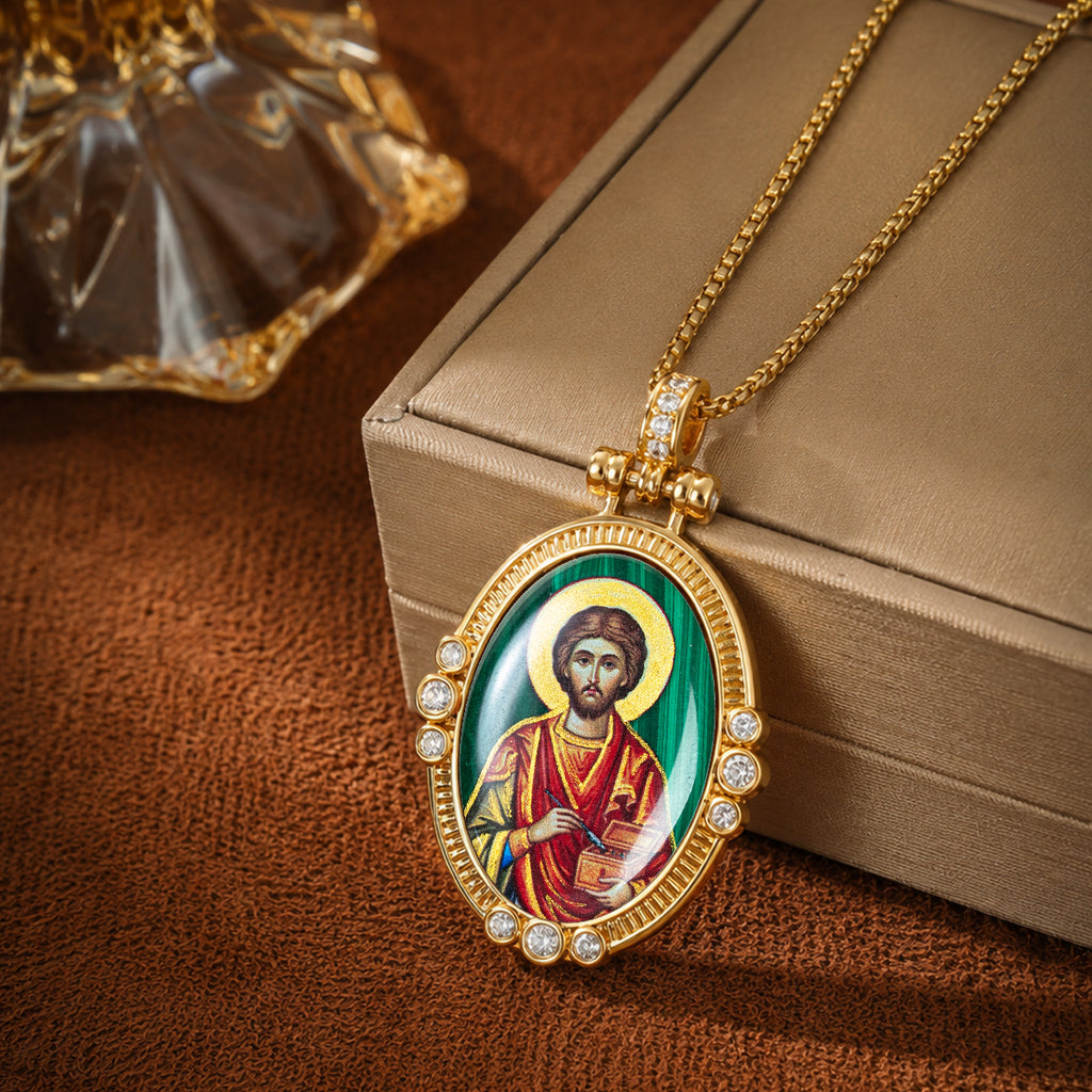 Hand-Painted Theotokos of Kazan Icon Necklace, Tiger's Eye, 18K Gold Plated, Orthodox Christian Jewelry