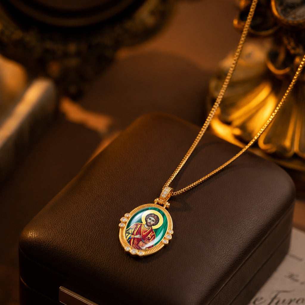 Hand-Painted Theotokos of Kazan Icon Necklace, Tiger's Eye, 18K Gold Plated, Orthodox Christian Jewelry