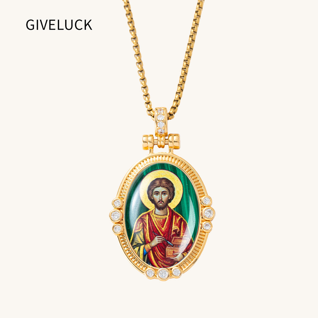 Hand-Painted Theotokos of Kazan Icon Necklace, Tiger's Eye, 18K Gold Plated, Orthodox Christian Jewelry