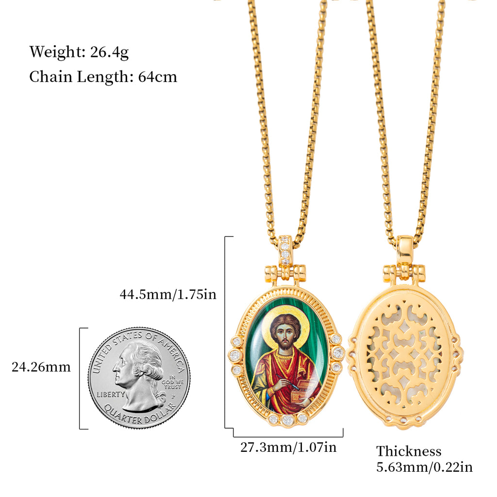 Hand-Painted Theotokos of Kazan Icon Necklace, Tiger's Eye, 18K Gold Plated, Orthodox Christian Jewelry