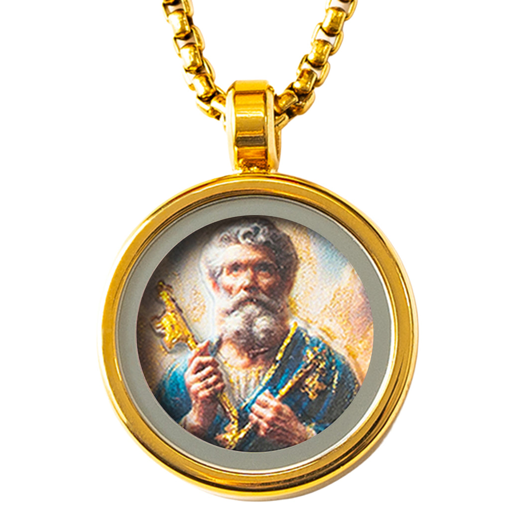 GIVELUCK 18k Plated Gold Pendant Necklace Cameo Embossing Catholic Medal Saint Peter Devotional Medal Protection Medal