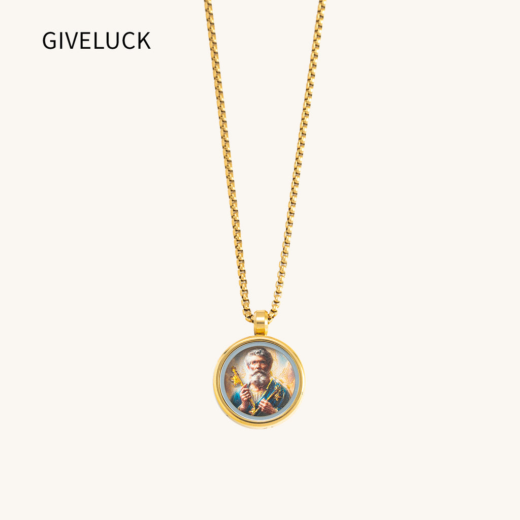 GIVELUCK 18k Plated Gold Pendant Necklace Cameo Embossing Catholic Medal Saint Peter Devotional Medal Protection Medal