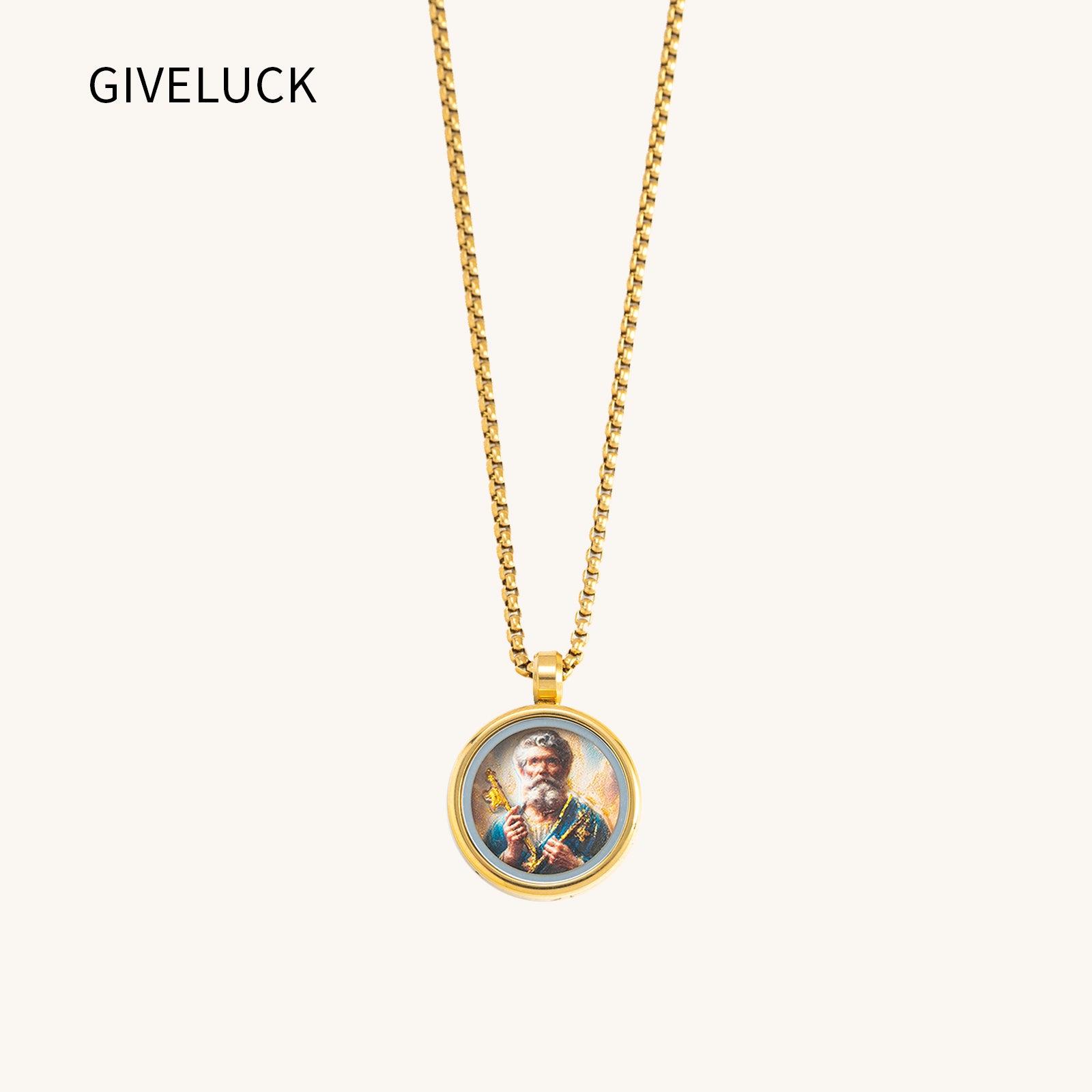 GIVELUCK 18k Plated Gold Pendant Necklace Cameo Embossing Catholic Medal Saint Peter Devotional Medal Protection Medal