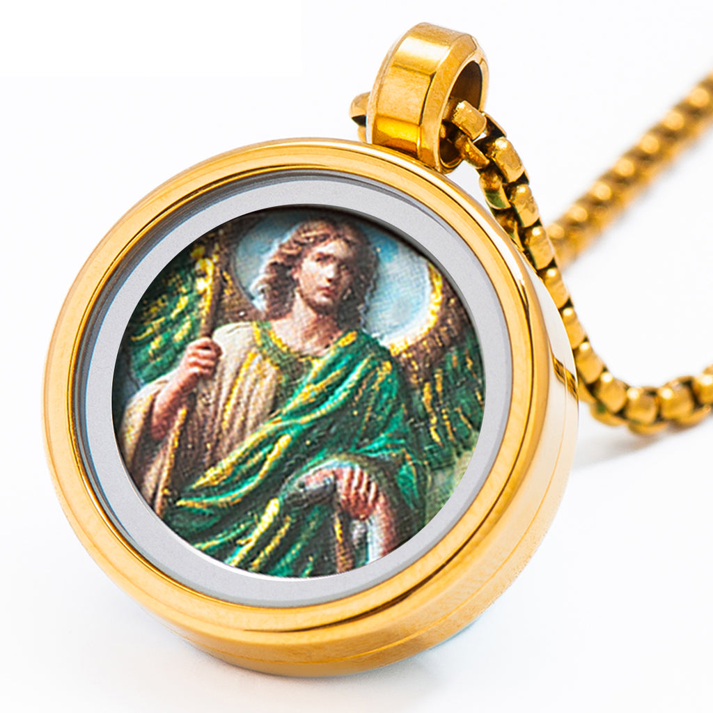 GIVELUCK 18k Plated Gold Pendant Necklace Cameo Embossing Catholic Medal Saint Raphael Protection Medal Necklace for Men and Women