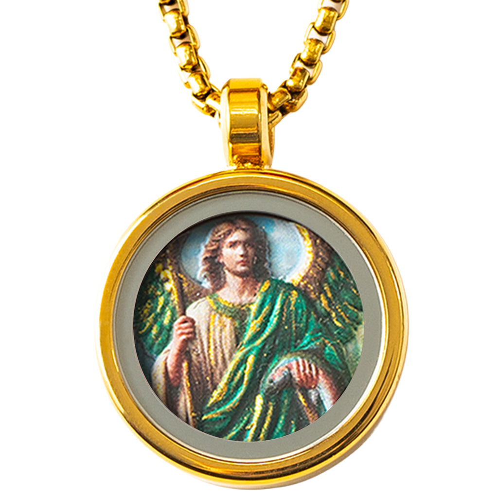 GIVELUCK 18k Plated Gold Pendant Necklace Cameo Embossing Catholic Medal Saint Raphael Protection Medal Necklace for Men and Women