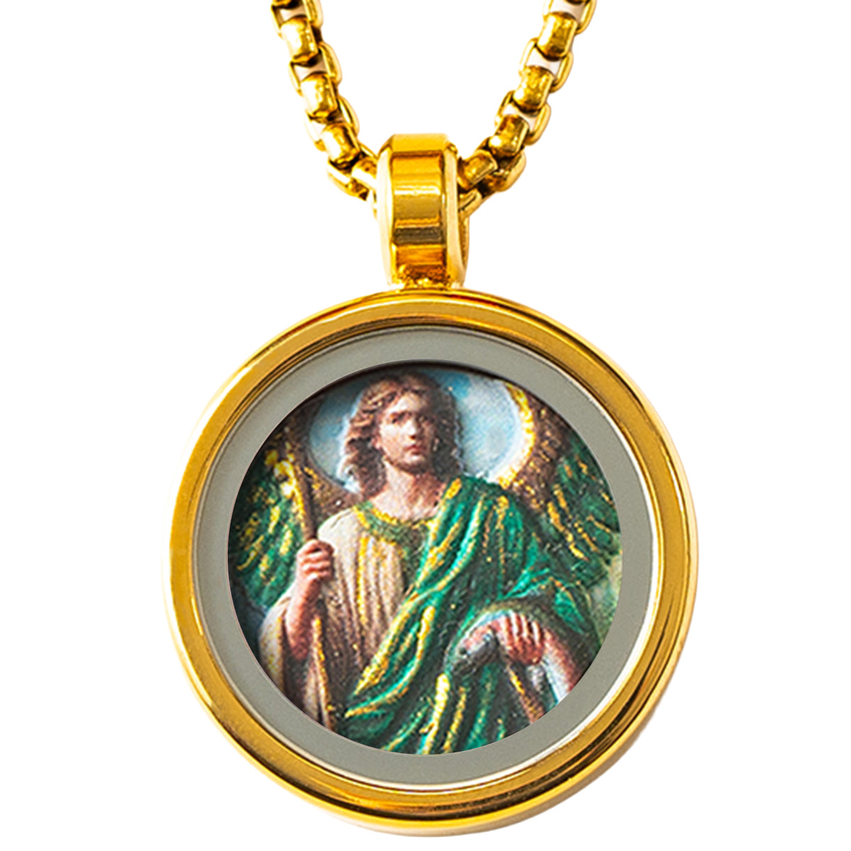 GIVELUCK 18k Plated Gold Pendant Necklace Cameo Embossing Catholic Medal Saint Raphael Protection Medal Necklace for Men and Women
