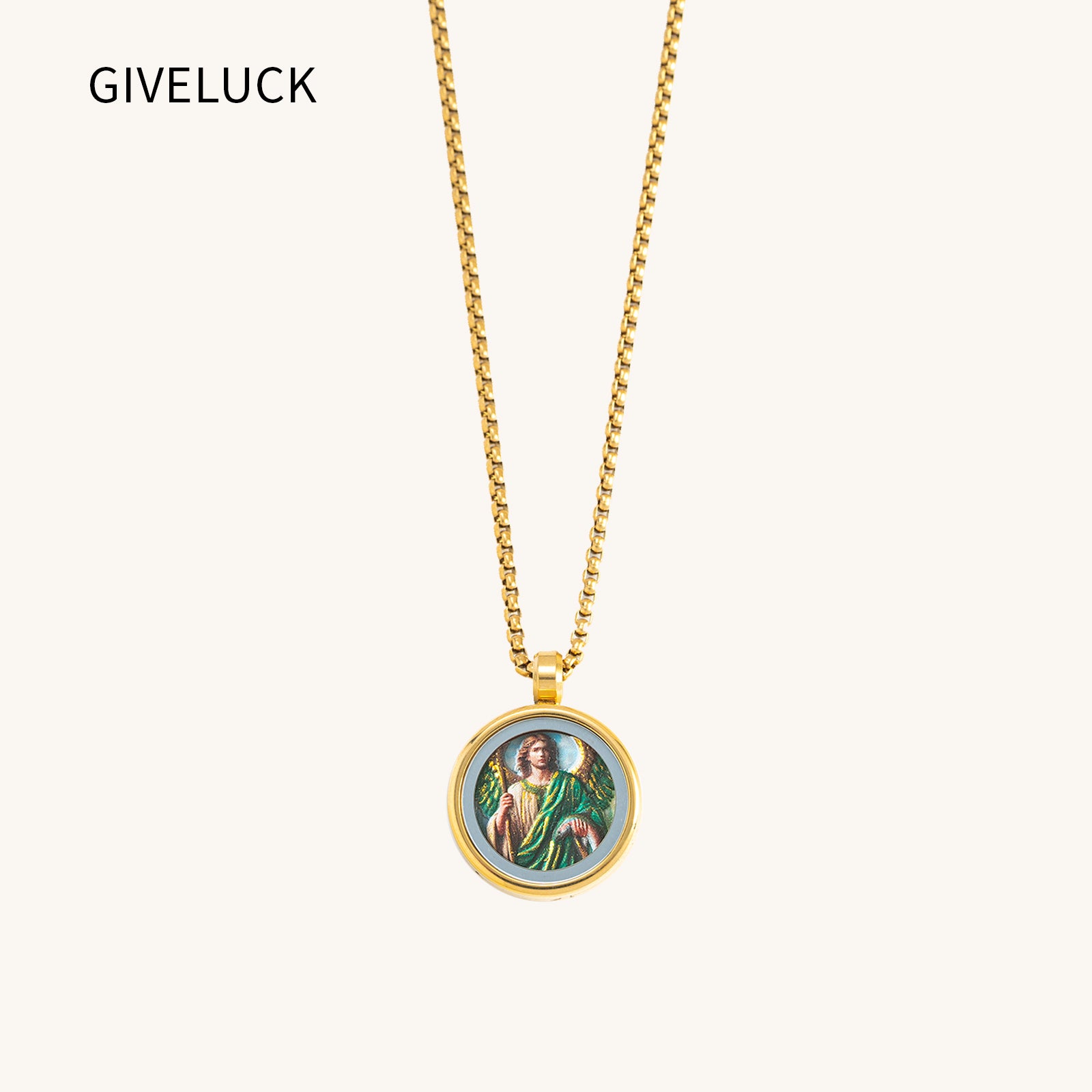 GIVELUCK 18k Plated Gold Pendant Necklace Cameo Embossing Catholic Medal Saint Raphael Protection Medal Necklace for Men and Women