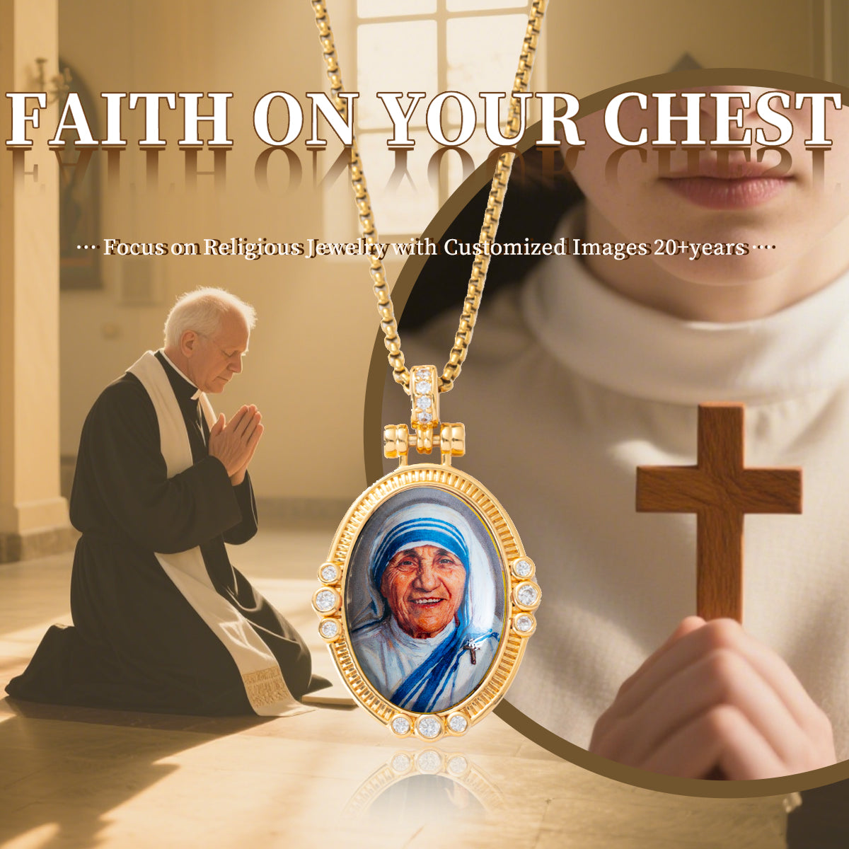 GIVELUCK 18k Plated Gold Pendant Necklace Enamel Eternal Halo St. Teresa of Calcutta Protection Necklace for Women and Men