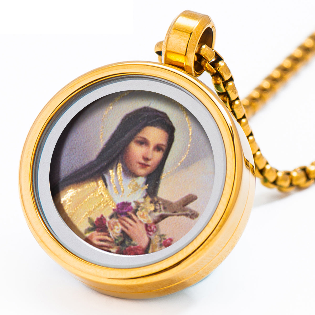 GIVELUCK 18k Plated Gold Pendant Necklace for Women and Men Cameo Embossing Catholic Medal Saint Therese of Lisieux Devotional Protection Medal