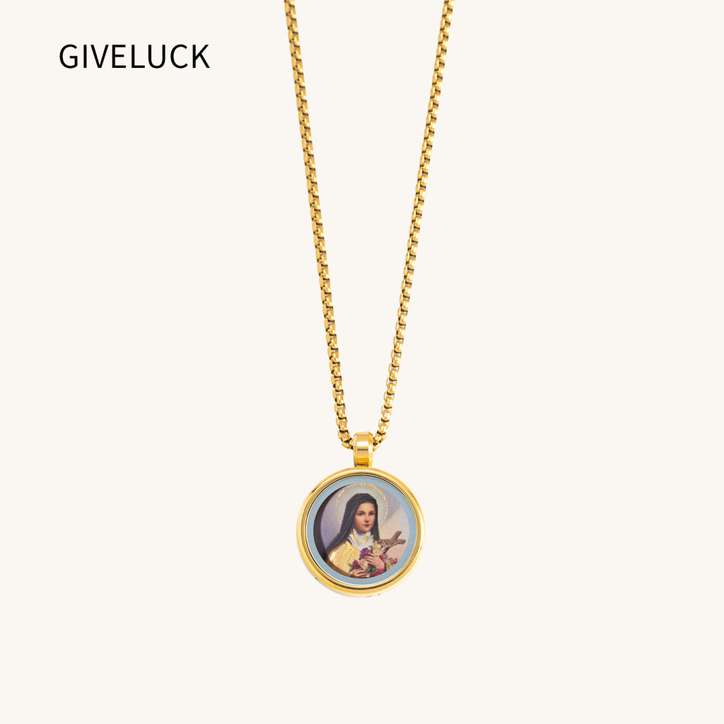 GIVELUCK 18k Plated Gold Pendant Necklace for Women and Men Cameo Embossing Catholic Medal Saint Therese of Lisieux Devotional Protection Medal