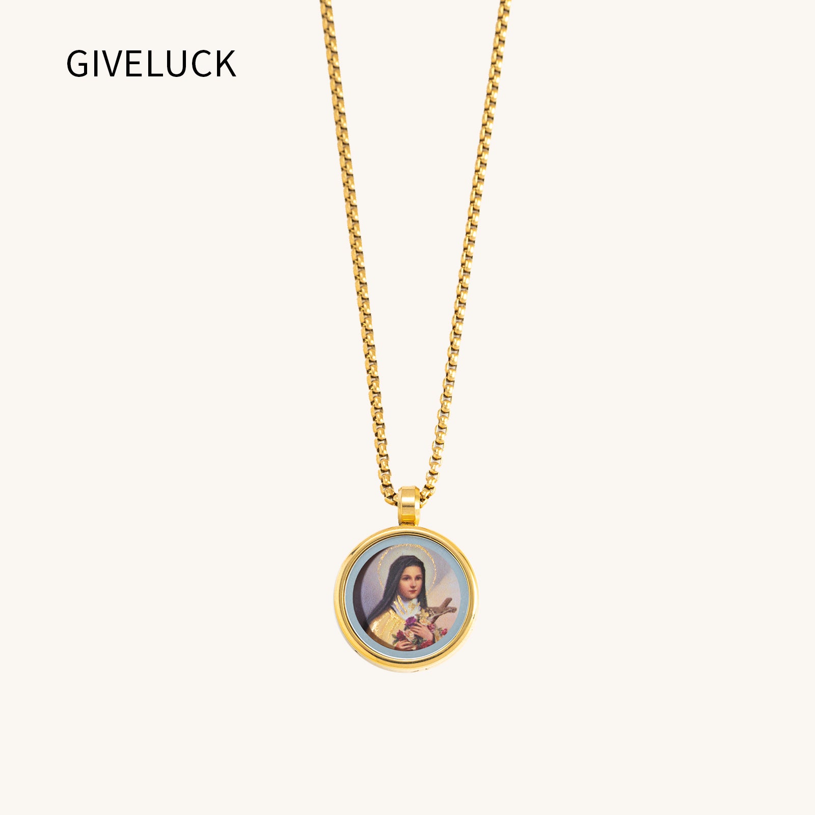 GIVELUCK 18k Plated Gold Pendant Necklace for Women and Men Cameo Embossing Catholic Medal Saint Therese of Lisieux Devotional Protection Medal