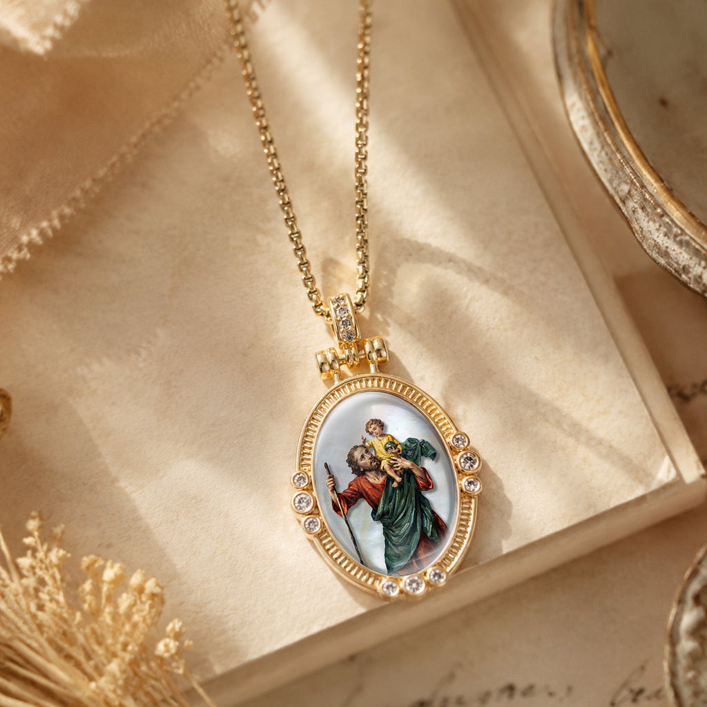 GIVELUCK St. Christopher Necklace for Men & Women, 18K Gold Plated Mother of Pearl Saint Christopher Pendant with Zircon, Catholic Protection Jewelry Gift