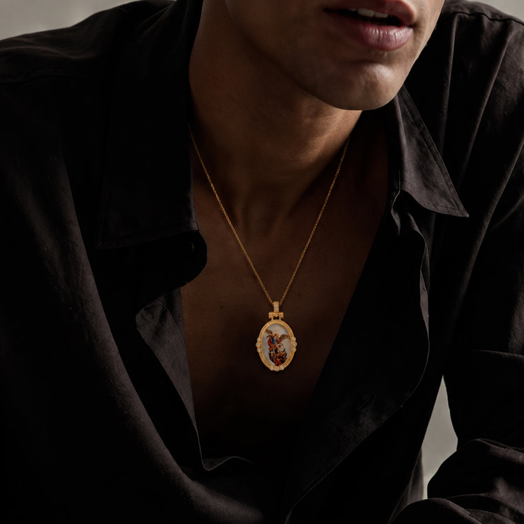 GIVELUCK St. Michael the Archangel Necklace for Men & Women, 18K Gold Plated Mother of Pearl St. Michael the Archangel Pendant with Zircon, Catholic Protection Jewelry Gift