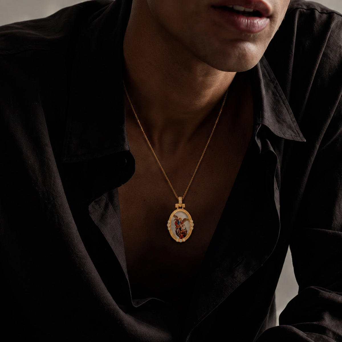 GIVELUCK St. Michael the Archangel Necklace for Men & Women, 18K Gold Plated Mother of Pearl St. Michael the Archangel Pendant with Zircon, Catholic Protection Jewelry Gift