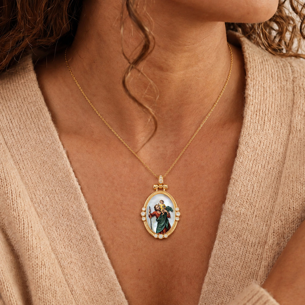 GIVELUCK St. Christopher Necklace for Men & Women, 18K Gold Plated Mother of Pearl Saint Christopher Pendant with Zircon, Catholic Protection Jewelry Gift