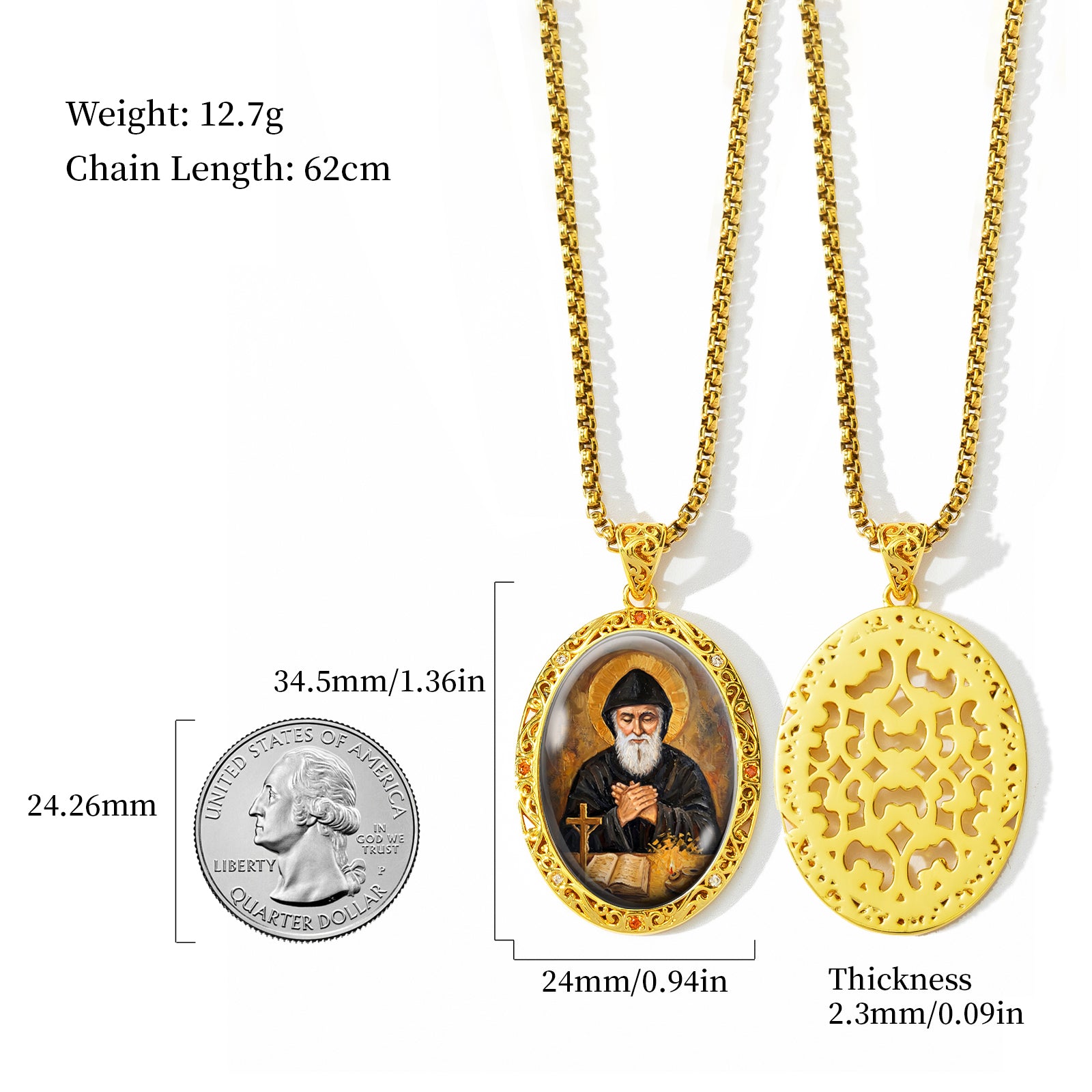 GIVELUCK 18k Plated Gold Catholic Saint Charbel Devotional Medal Enamel Pendant Necklace