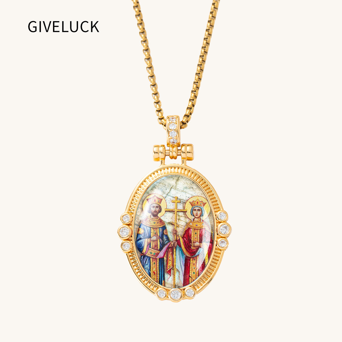 Hand-Painted Theotokos of Kazan Icon Necklace, Tiger's Eye, 18K Gold Plated, Orthodox Christian Jewelry