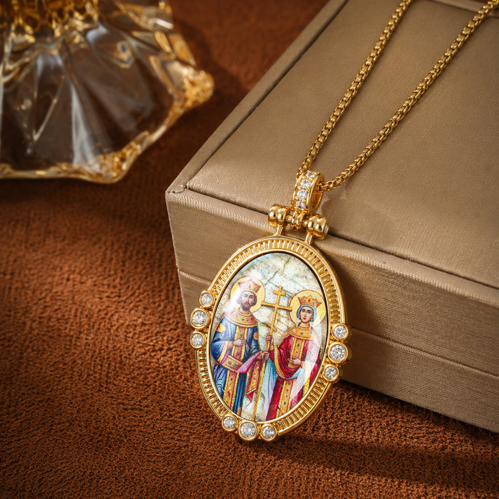 Hand-Painted Theotokos of Kazan Icon Necklace, Tiger's Eye, 18K Gold Plated, Orthodox Christian Jewelry
