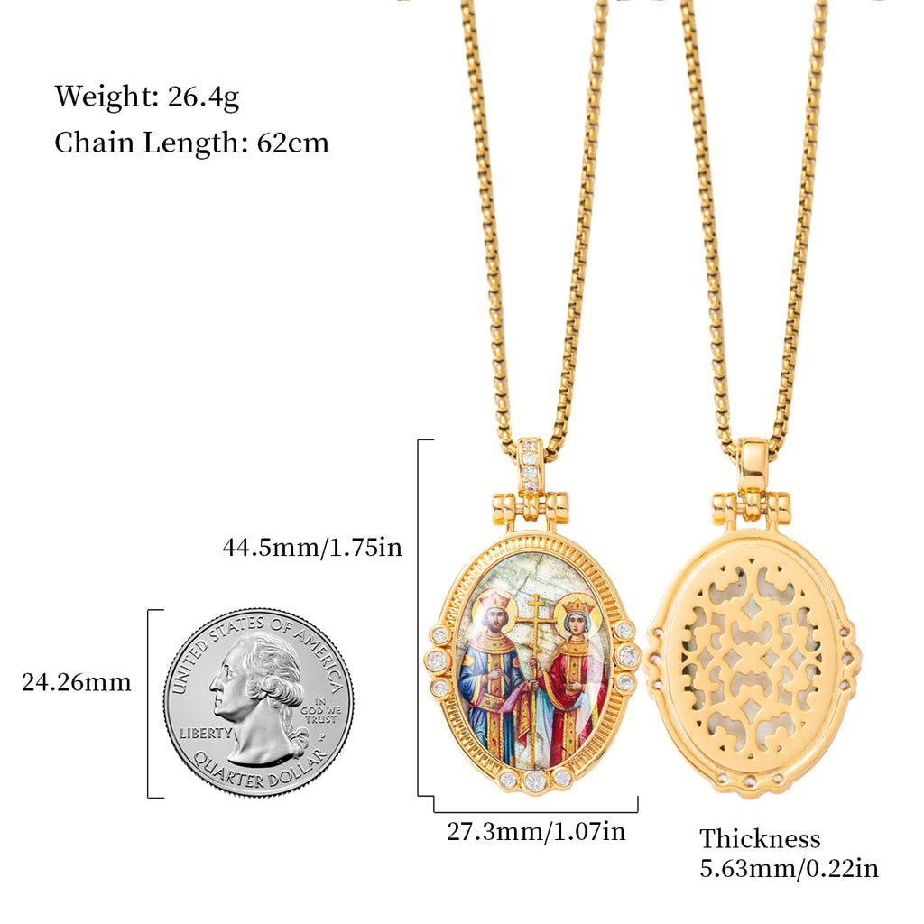 Hand-Painted Theotokos of Kazan Icon Necklace, Tiger's Eye, 18K Gold Plated, Orthodox Christian Jewelry