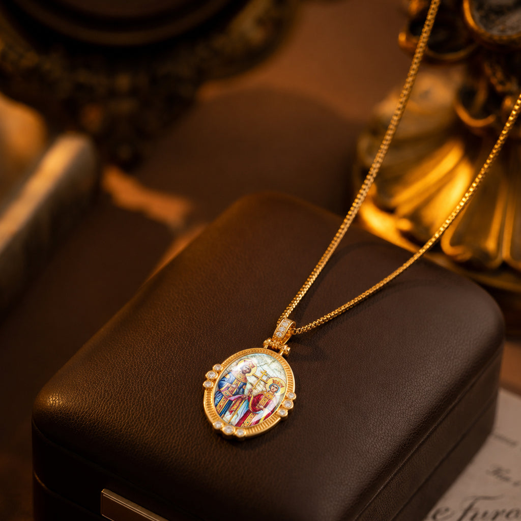 Hand-Painted Theotokos of Kazan Icon Necklace, Tiger's Eye, 18K Gold Plated, Orthodox Christian Jewelry