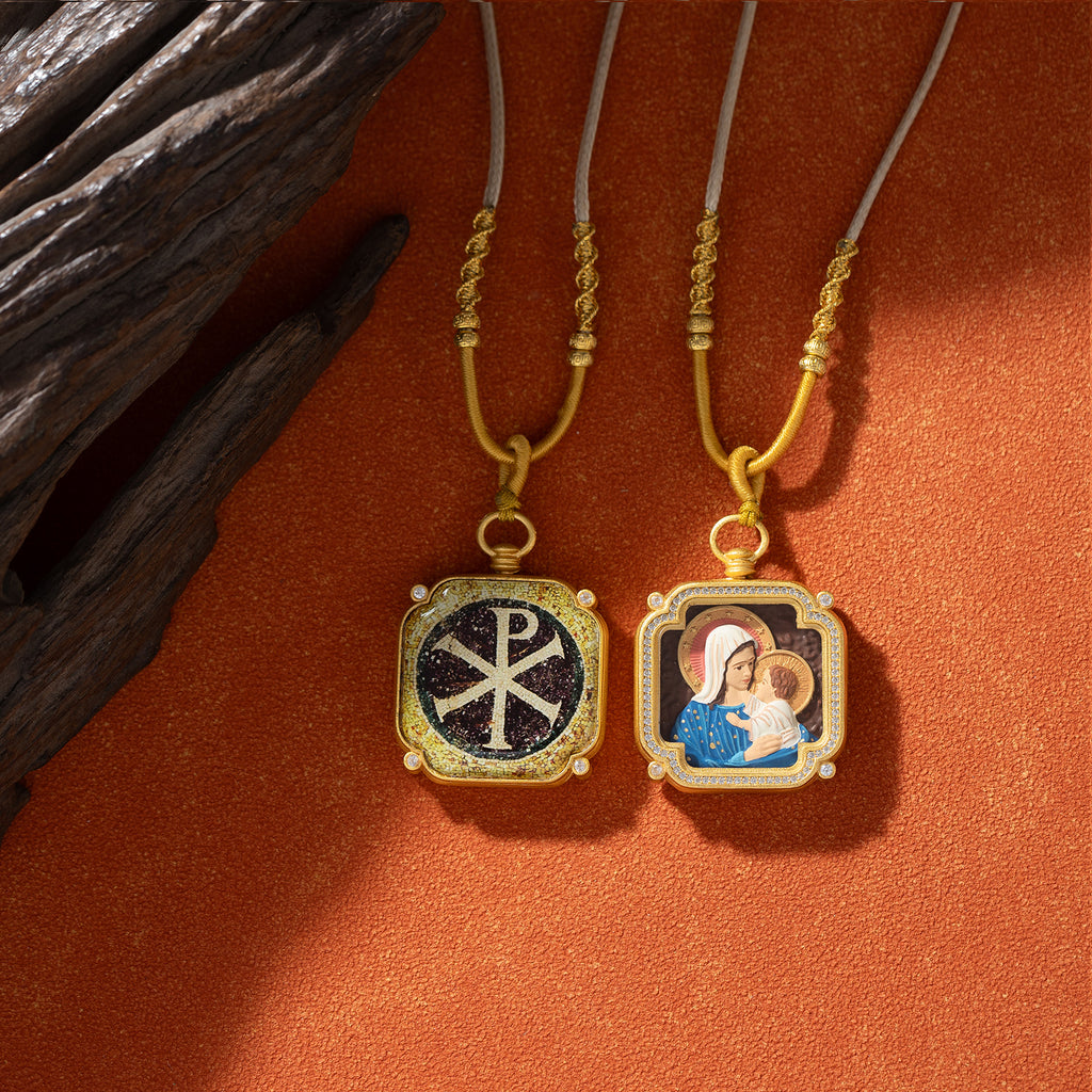 GIVELUCK 18k Plated Gold Zircon Pendant Necklace for Women and Men Cameo Embossing The Virgin Mary and Jesus Christ Devotional Medal for Man and Women