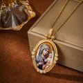 Hand-Painted Theotokos of Kazan Icon Necklace, Tiger's Eye, 18K Gold Plated, Orthodox Christian Jewelry