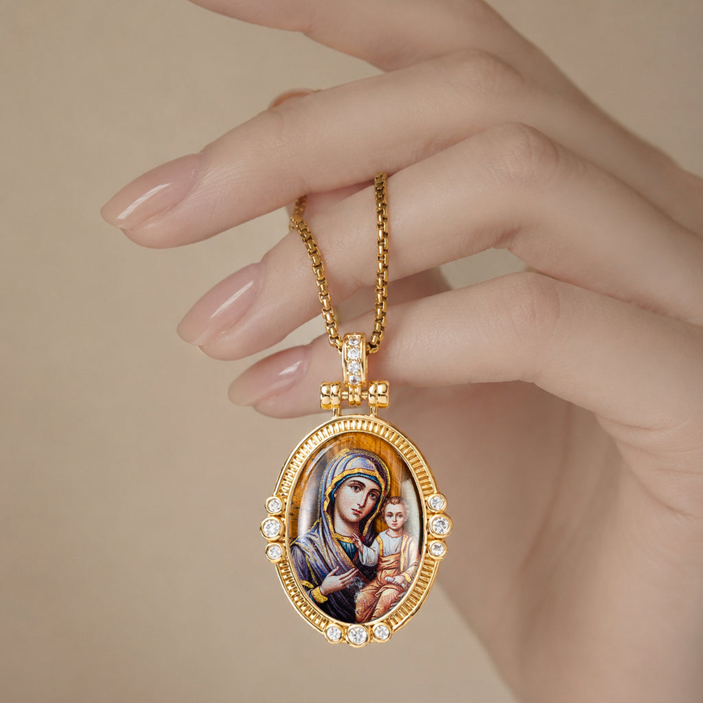 Hand-Painted Theotokos of Kazan Icon Necklace, Tiger's Eye, 18K Gold Plated, Orthodox Christian Jewelry