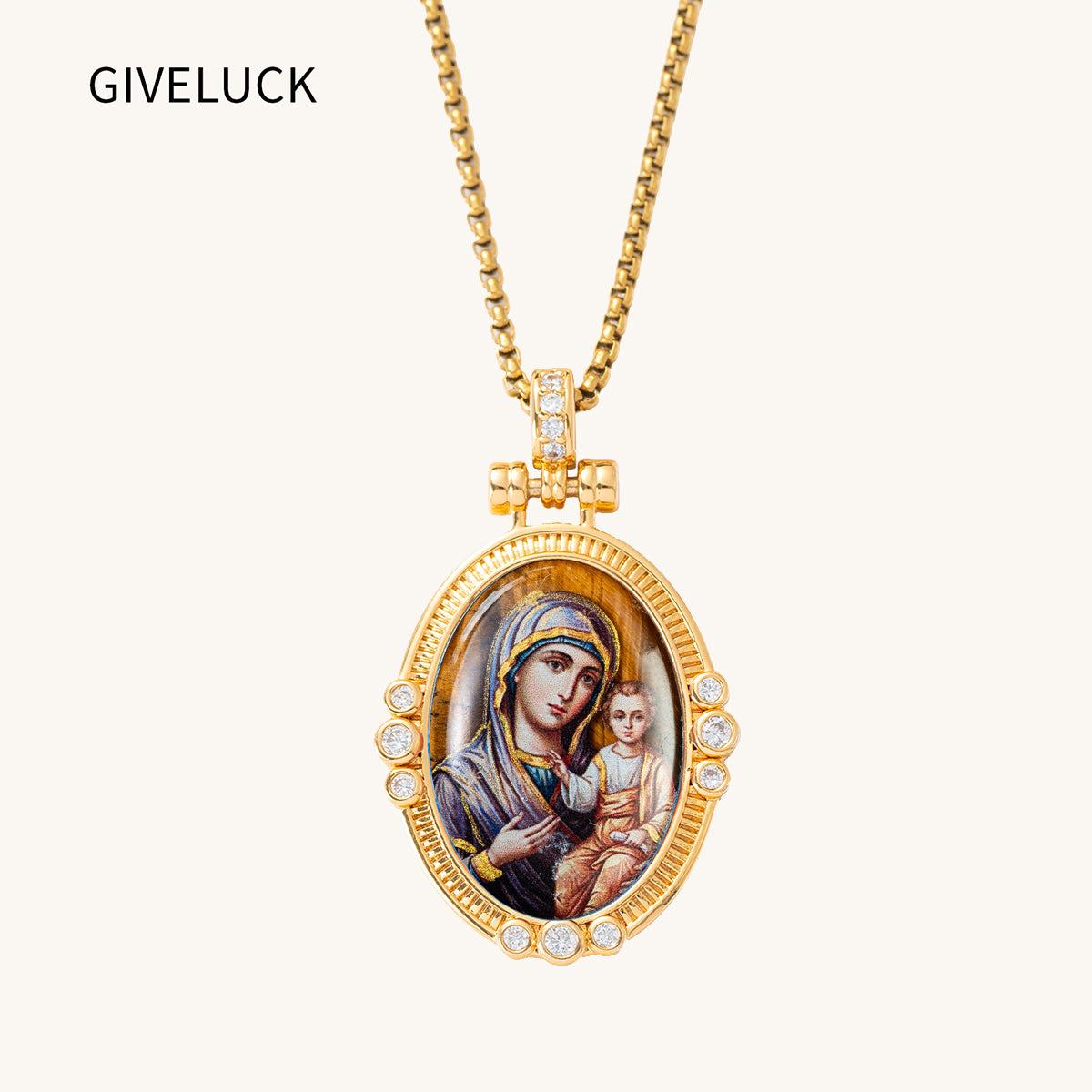 Hand-Painted Theotokos of Kazan Icon Necklace, Tiger's Eye, 18K Gold Plated, Orthodox Christian Jewelry