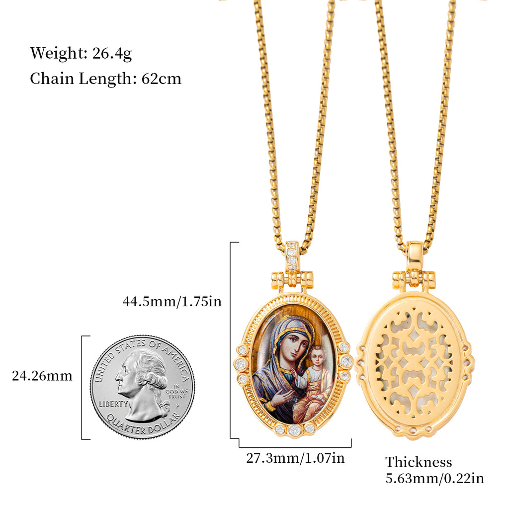 Hand-Painted Theotokos of Kazan Icon Necklace, Tiger's Eye, 18K Gold Plated, Orthodox Christian Jewelry