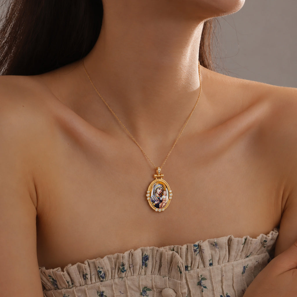 Hand-Painted Theotokos of Kazan Icon Necklace, Tiger's Eye, 18K Gold Plated, Orthodox Christian Jewelry