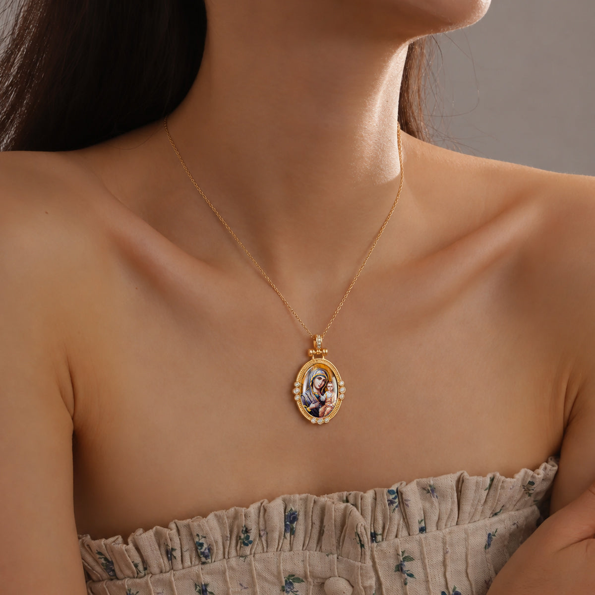 Hand-Painted Theotokos of Kazan Icon Necklace, Tiger's Eye, 18K Gold Plated, Orthodox Christian Jewelry