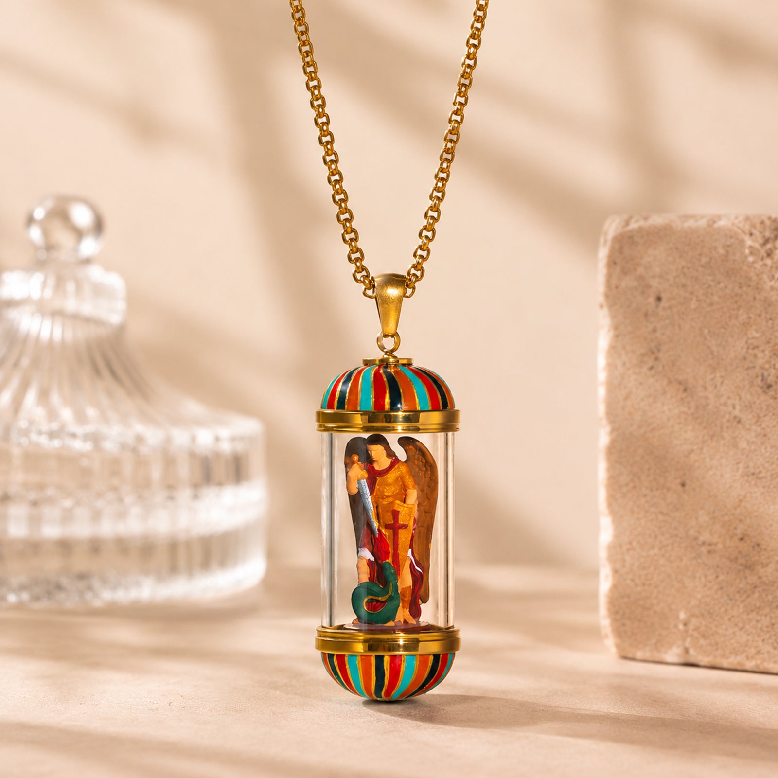 GIVELUCK 18K Gold Plated Saint Miniature Necklace, Archangel Michael Devotional Medal , Hand‑Painted Sacred Art Faith Jewelry for Men and Women
