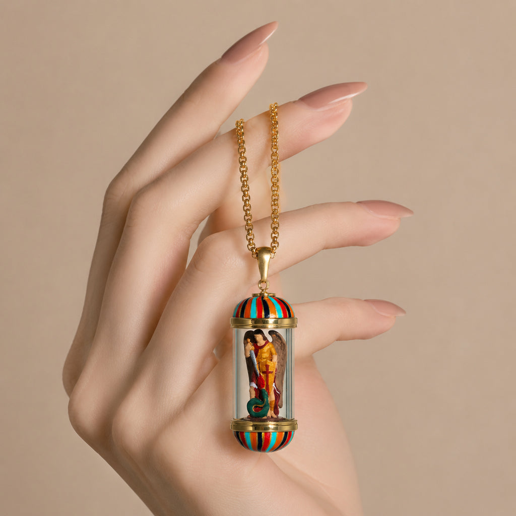 GIVELUCK 18K Gold Plated Saint Miniature Necklace, Archangel Michael Devotional Medal , Hand‑Painted Sacred Art Faith Jewelry for Men and Women