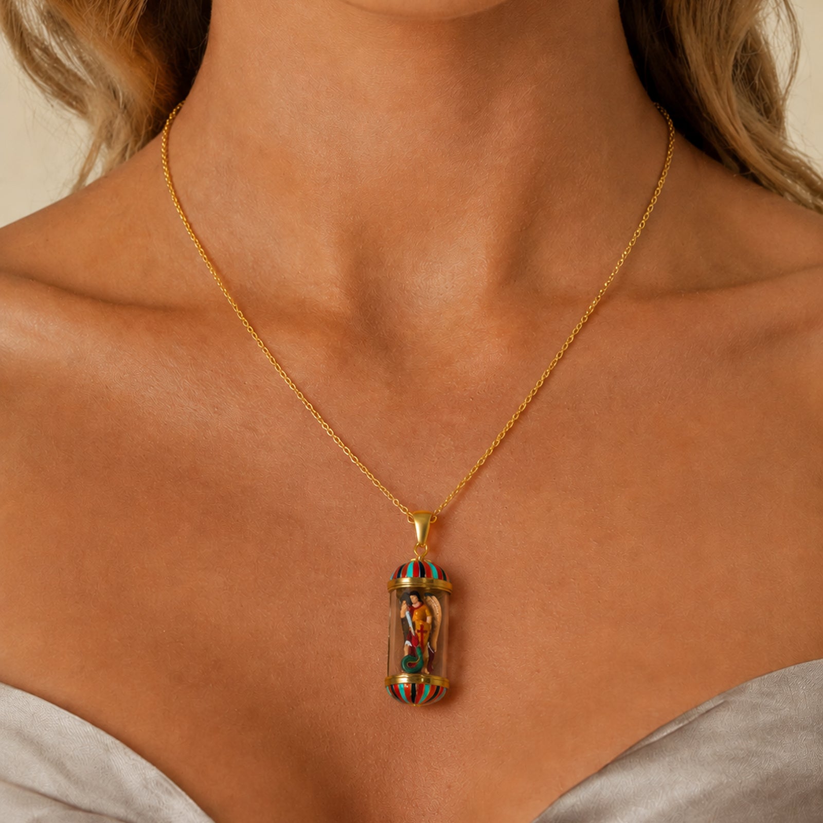 GIVELUCK 18K Gold Plated Saint Miniature Necklace, Archangel Michael Devotional Medal , Hand‑Painted Sacred Art Faith Jewelry for Men and Women