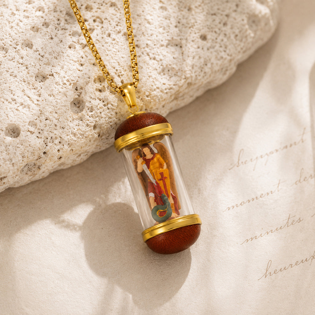 GIVELUCK 18K Gold Plated Saint Miniature Necklace, Archangel Michael Devotional Medal , Hand‑Painted Sacred Art Faith Jewelry for Men and Women
