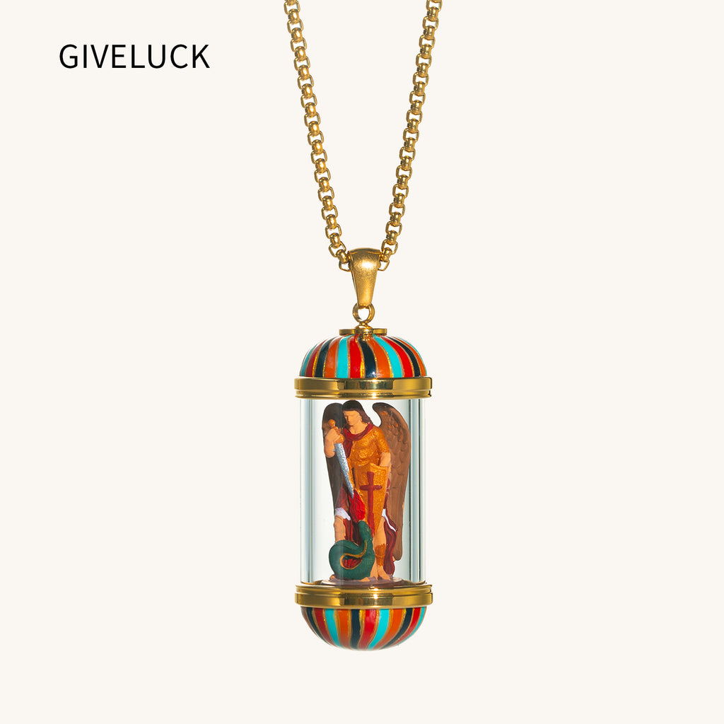 GIVELUCK 18K Gold Plated Saint Miniature Necklace, Archangel Michael Devotional Medal , Hand‑Painted Sacred Art Faith Jewelry for Men and Women