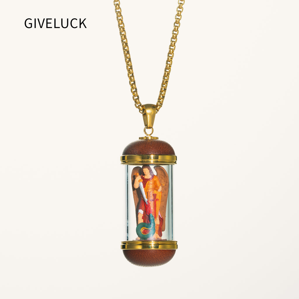 GIVELUCK 18K Gold Plated Saint Miniature Necklace, Archangel Michael Devotional Medal , Hand‑Painted Sacred Art Faith Jewelry for Men and Women