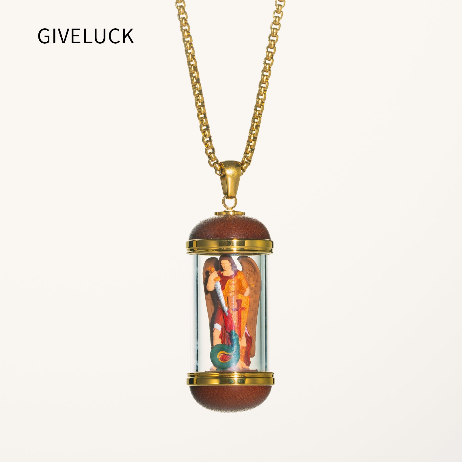 GIVELUCK 18K Gold Plated Saint Miniature Necklace, Archangel Michael Devotional Medal , Hand‑Painted Sacred Art Faith Jewelry for Men and Women