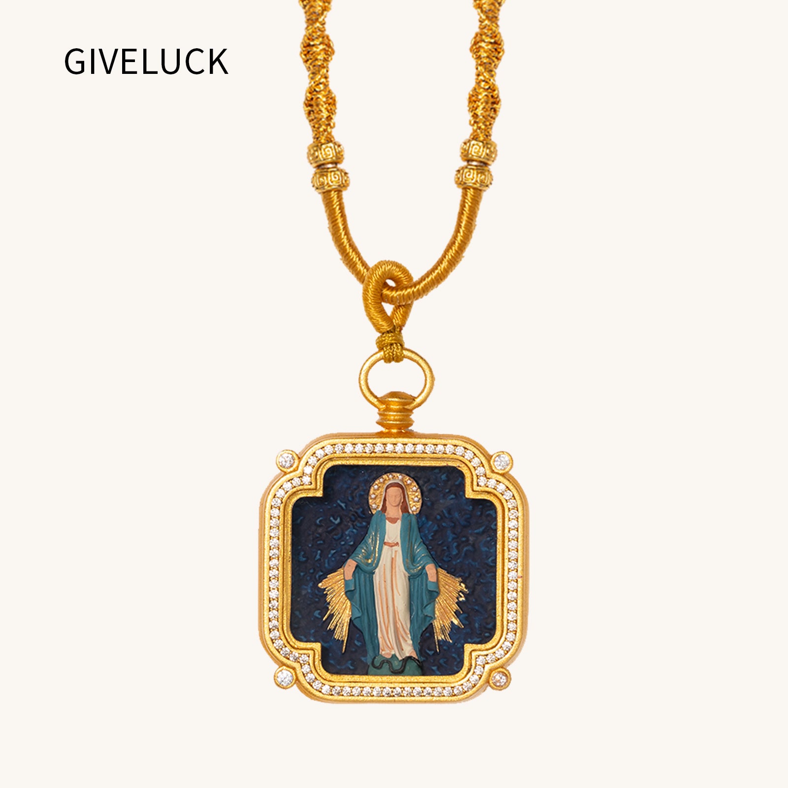 GIVELUCK 18k Plated Gold Catholic Pendant Necklace Cameo Embossing Virgin Mary Miraculous Medal