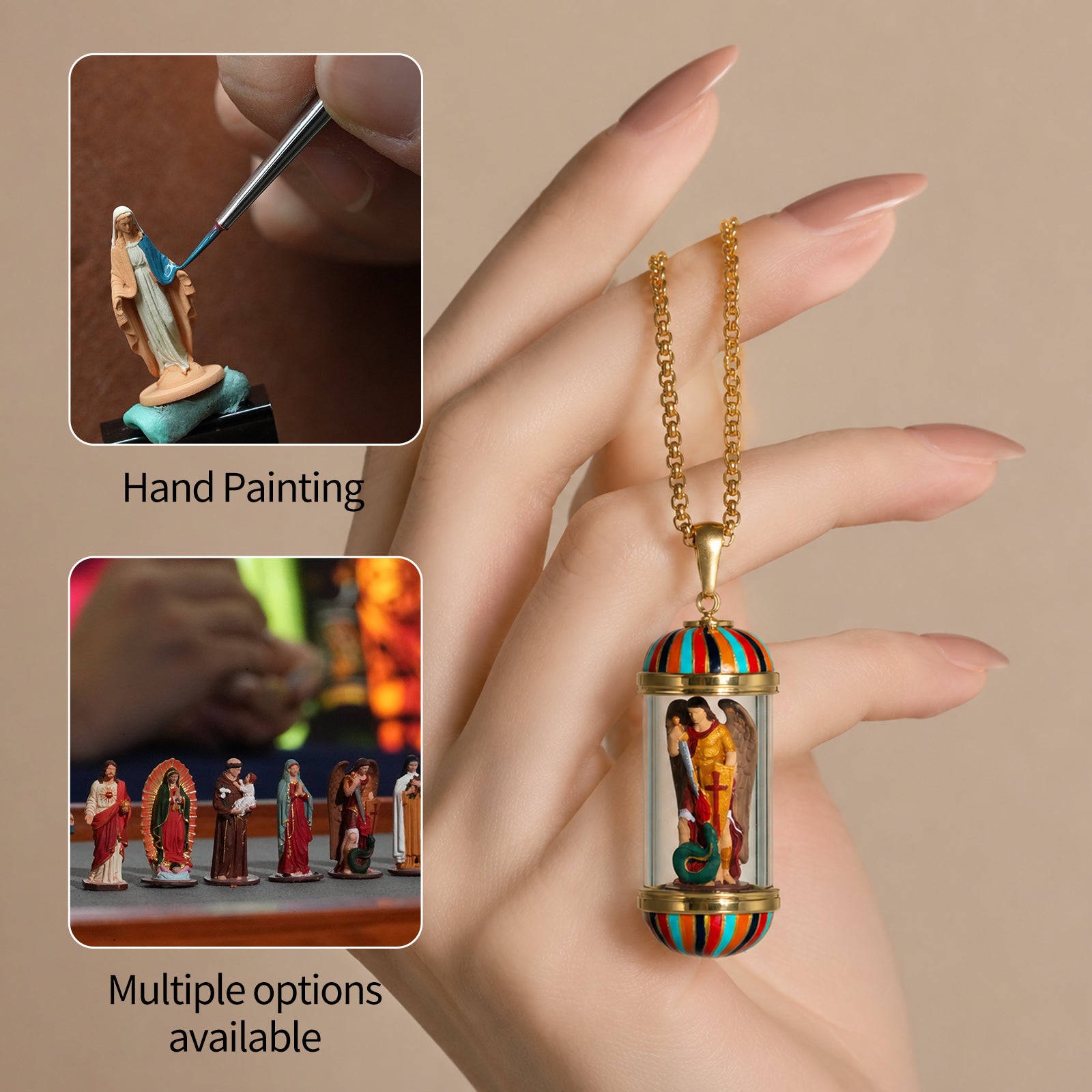 GIVELUCK 18K Gold Plated Saint Miniature Necklace, Archangel Michael Devotional Medal , Hand‑Painted Sacred Art Faith Jewelry for Men and Women