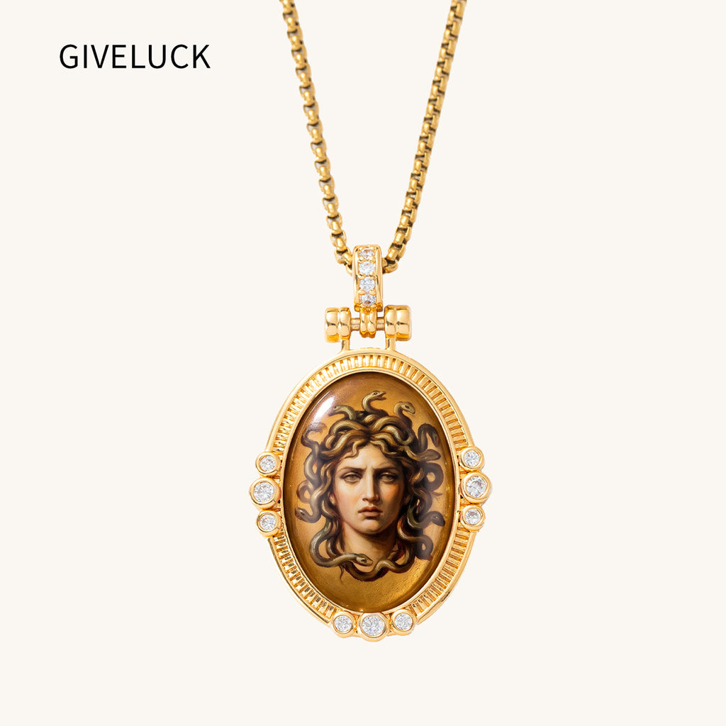GIVELUCK Luxury 18K Gold Plated Medusa Pendant Necklace – Authentic Vitreous Fire Enamel Greek Mythology Medallion, Heritage Protection Amulet, Fine Cultural Iconography Gift for Her, Wife, Friends
