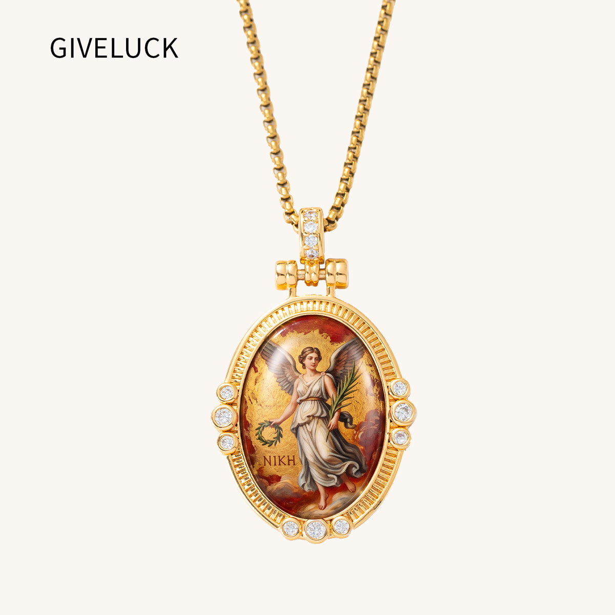 GIVELUCK Luxury 18K Gold Plated Nike Greek Goddess of Victory Pendant Necklace – Authentic Vitreous Fire Enamel Medallion, Triumph & Success Amulet, Fine Jewelry Gift for Her, Wife, Friends