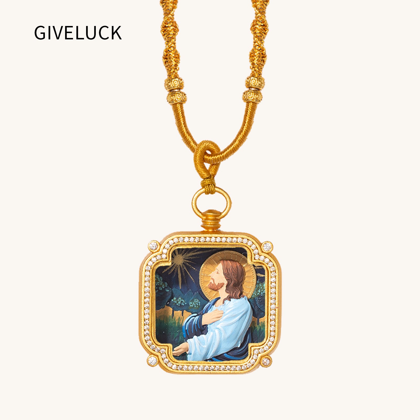 GIVELUCK 18k Plated Gold Zircon Catholic Jesus Christ Devotional Medal Cameo Embossing Pendant Necklace for Man and Women