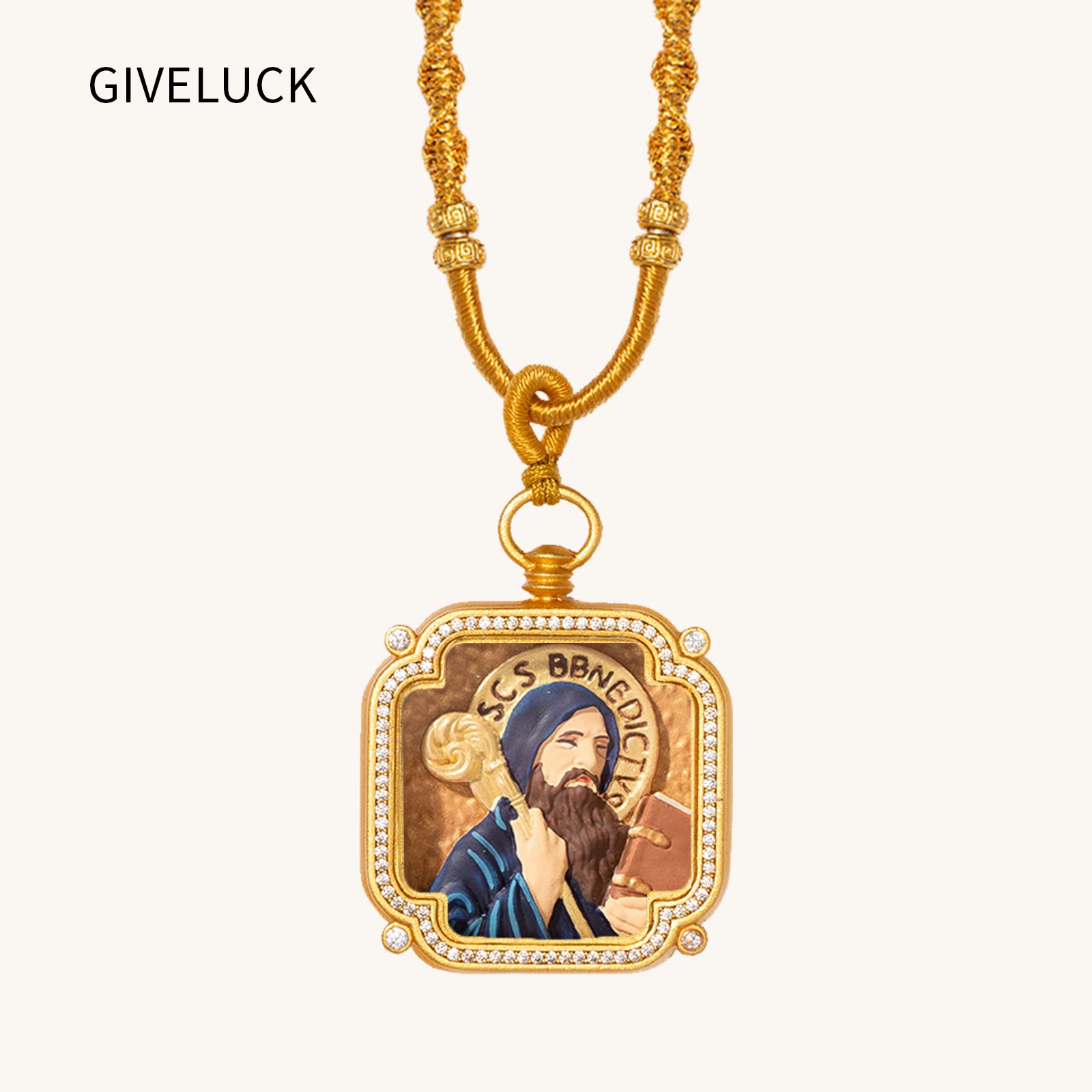 18k Plated Gold Zircon Pendant Necklace Cameo Embossing Catholic Saint Benedict Medal Protection Medal for Men and Women