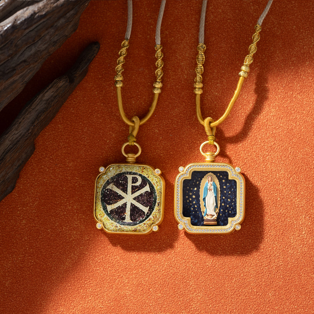 18k Plated Gold Zircon Pendant Necklace Cameo Embossing Catholic Medal our lady of guadalupe Protection Medal for Men and Women
