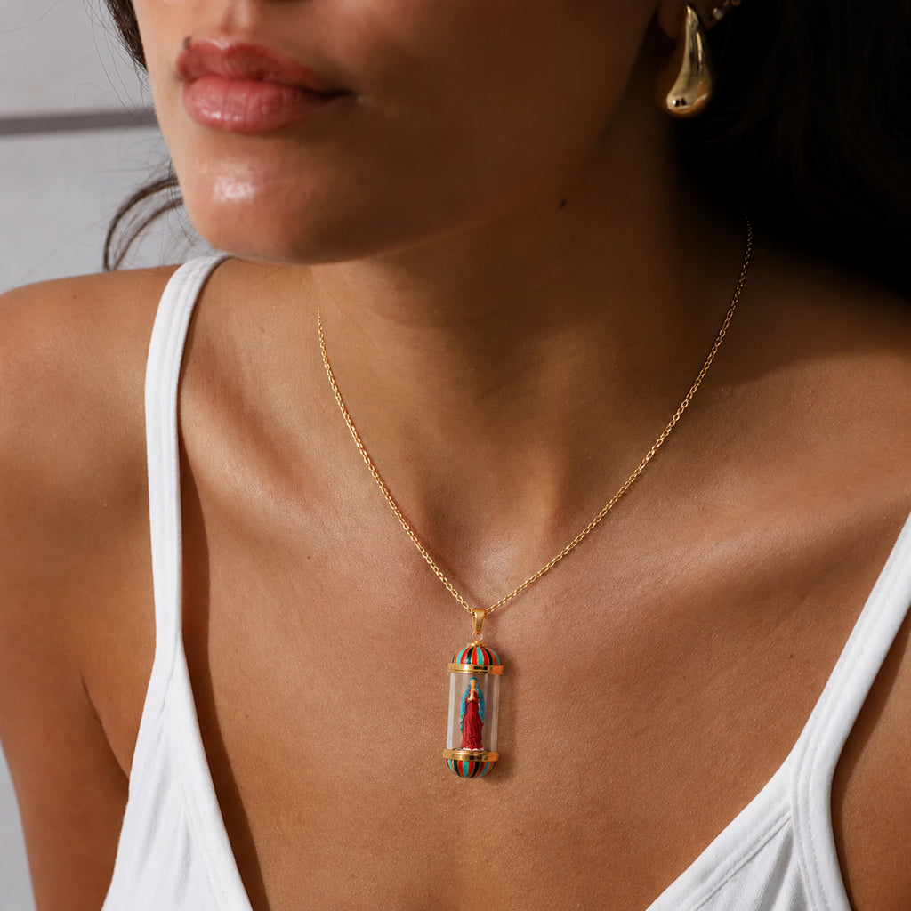 18K Gold Plated Saint Miniature Necklace, The blessed Virgin Mary, Virgin Mary Miraculous Medal, mary magdalene necklace,Shimmering rainbow finish, Hand‑Painted Sacred Art Faith Jewelry for Men and Women